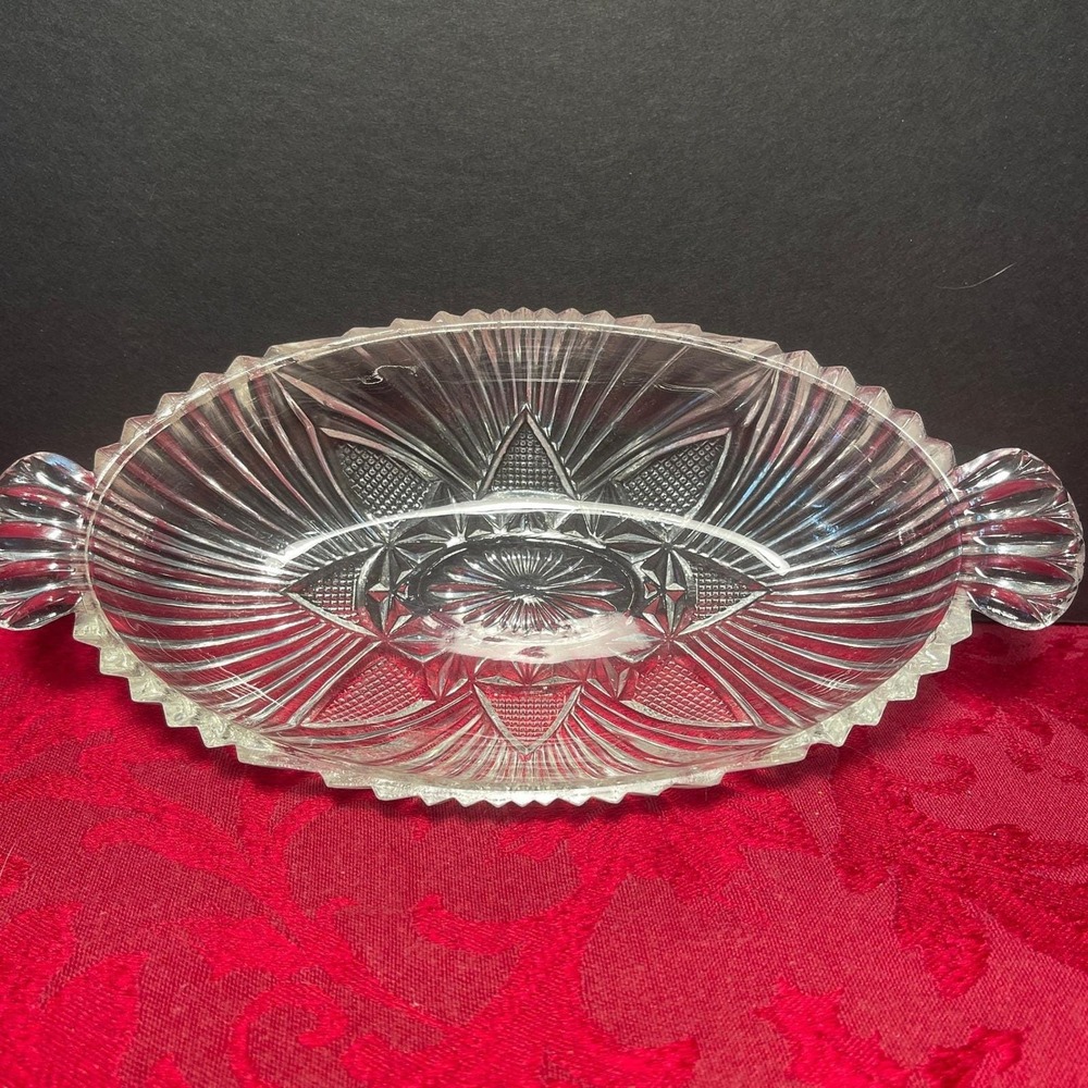 Vintage Anchor Hocking Glass Oval Relish Dish Crosshatch Triangles Sawtooth Edge